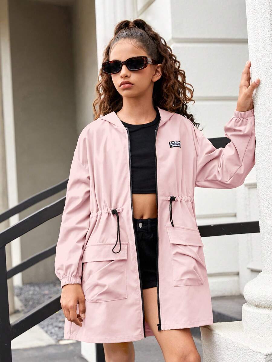 SHEIN Tween-Mädchen Lässige Kapuzenjacke mit Reißverschluss in Kontrastfarbe - Babypink - Übersicht 1