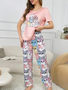 Snug Zone Conjunto de pijama de mujer con estampado de gato lindo y contraste de colores - Multicolor - Ver 4