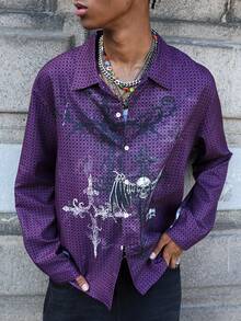 ROMWE MEN Style Turndown Collar Gothic Long Sleeve Loose Fit Men's Shirt, For Fall - Purple - View 6