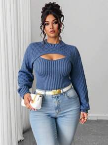 Elenzga 大码女式秋季圆领修身性感镂空针织毛衣，柳叶图案，常规小灯笼袖，蓝色套头衫 - 淺藍色 - 查看 3