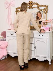 SweetSlumber Conjunto de pijama de mujer con patrón de tartán elegante, cómodo y suave, con lazo decorativo, de manga larga y pantalón, para otoño - Albaricoque - Ver 2