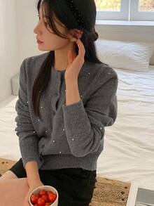 DAZY 女士纯色长袖休闲串珠短款开衫，秋季亮片 - 灰色 - 查看 3