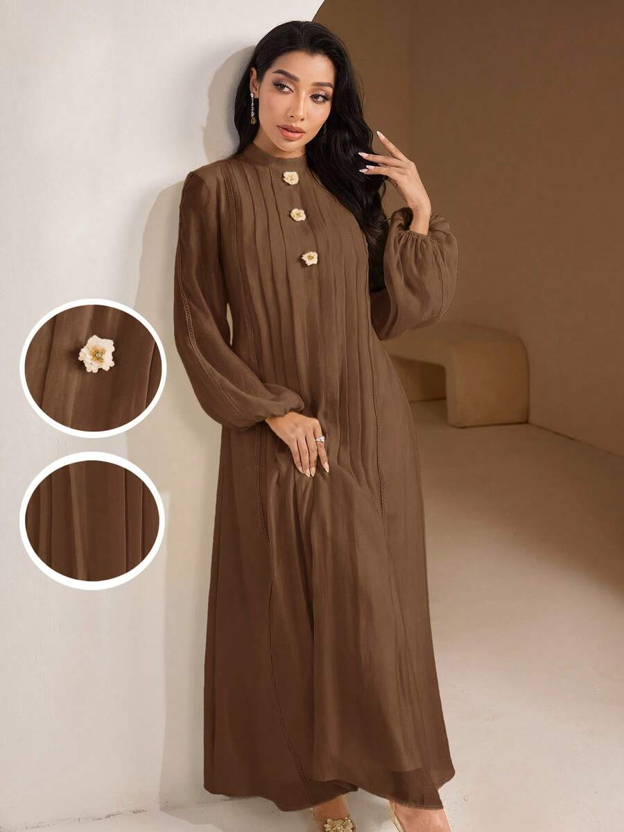 Veilorie Gaun Elegan Wanita Warna Polos dengan Dekorasi Bunga 3D, Lengan Lentera, dan Lipit - Coklat - View 1