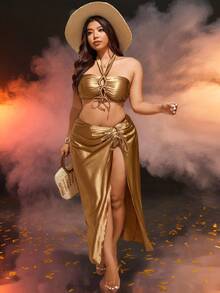 Swim Oasis New Women Plus Size Hollow-Out Bandeau 3 PiecesBikini Set With High-Waist Bottoms And Long Cover-Up, Vacation Swimming Suit