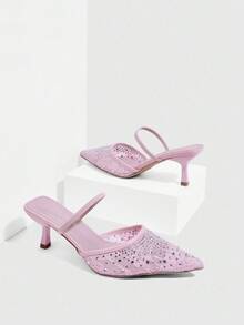 CUCCOO SZL Women's Pink Rhinestone Embellished Pointed Toe Chunky Heels Pumps - Pink - View 7