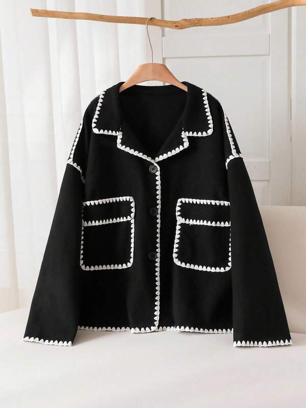 SHEIN CURVE+ Plus Size Women Autumn/Winter Floral Trim Lapel NeckDrop Shoulder Long Sleeve Single-Breasted Casual Wool Blend Coat Fall/Autumn /Winter