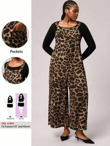 SHEIN Tall CURVE 大码女式休闲豹纹口袋宽松连体裤 - 棕色 - 查看 1