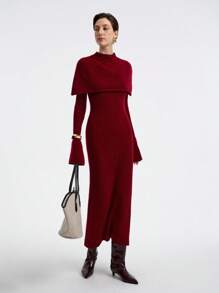 Aalyst Wool Blend Soft & Fitted Turtleneck Poncho Dress Set For Women Fall Winter Cloth For Women - Burgundy - View 3