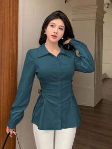Modelyn 纯色系带优雅抽绳领带时尚衬衫蓝绿色衬衫紧身胸衣衬衫蓝绿色衬衫蓝绿色上衣女士衬衫 - 水鴨藍 - 查看 7