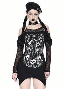 ROMWE Váy ngắn tay dài in hình đầu lâu mèo Gothic, viền bất đối xứng, dây trễ vai, ren tương phản, màu đen, phong cách Halloween - màu đen - Xem 8