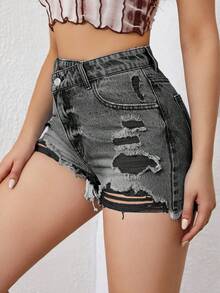 SHEIN ICON 女式不对称腰部口袋做旧休闲牛仔短裤 - 灰色 - 查看 6