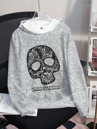 LOONEY TUNES X SHEIN Women's Fall Skull & Letter Graphic Round Neck Sweatshirt Day Of Dead