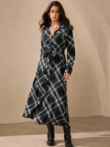 Wildy Women's Black And White Checkered Autumn Casual Western Occasion Plaid Dress,Elegant Waist Tie Long Sleeve Button-Down Soft Viscose Midi Party Dress - Black - View 3