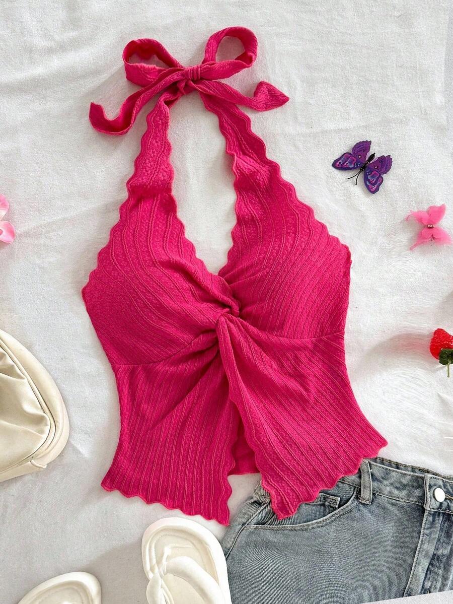 Soleia 时尚性感吊带系带扭纹下摆开衩露背吊带背心 - 中紫紅色 - 查看 1