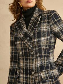 Arave Women's Plaid Material Wide Shoulder X-Shaped Suit Style Double-Breasted Pocket Flap Design Daily Commuting Mid-Length Coat Autumn Women's Business Casual Women's Plaid