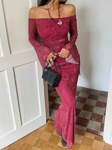 Sunnyshic Rose Pink Rose Print Sexy Sweet Vacation Style Off Shoulder Asymmetrical Sleeve Design Waist Ruched Women 2 Pieces Set - Hot Pink - View 5