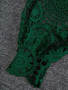 Franclia 女士秋季花卉蕾丝镂空拉链前长袖衬衫女式衬衫 - 墨綠色 - 查看 4