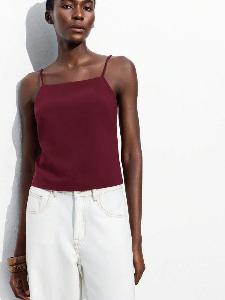 SHEIN Maija Adjustable Spaghetti Strap Backless Burgundy Top, Elegant For Carnival, Party, Valentine's Day, Back To School, Music Festival, Formal, Office Wear St Patrick's Day Women Easter Summer Easter Women Party Top Beach Summer Holiday Beach Vacation Summer Going Out Graduation