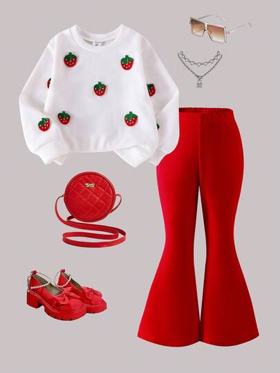 Elladie kids 2pcs Young Girls Knitted Textured Striped Long Sleeve Red Flare Pants & Strawberry Sweatshirt Set, Comfortable Casual Sweet Outfit For Autumn Strawberry Outfit Red Tween Outfit Red Outfit For Tweens Red Outfit For Kids Kids Outfit Set Red Kid Outfit Set Outfit For Teens Fall Winter