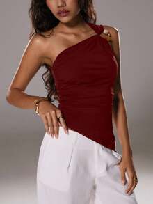 TRNVIE Áo cánh màu đen thanh lịch, cài nút trang trí vai lệch, viền bất đối xứng dành cho nữ, mùa xuân/hè - Màu Đỏ Sâu - Xem 7