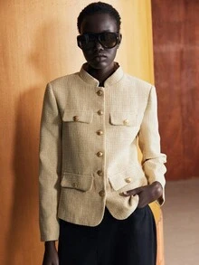 Lumivelle 粗花呢夹克，不对称纽扣，垫肩，修身剪裁，精致紧凑 - 卡其色 - 查看 5