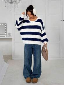 SHEIN EZwear Women's Casual Striped Asymmetric Neck Long Sleeve Loose Knit Sweater, Autumn - Multicolor - View 4