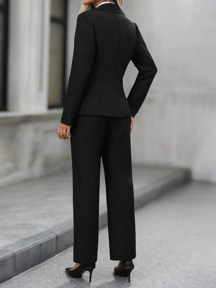 Conjunto de traje casual de mujer de unicolor con chaqueta de solapa de un solo botonadura, chaleco y pantalones para otoño e invierno