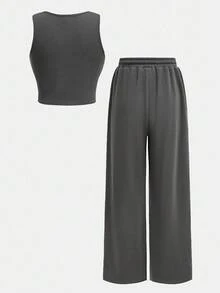 SHEIN 2pcs Tween Girls Letter Graphic Fitted Tank Top And Drawstring Shorts Set 2 Piece Woman Set Pants And Top Set Girl Co Ord Sets 2 Piece Set Teen Milano Italy Set - Dark Grey - View 3