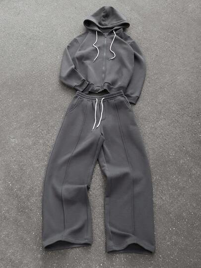 STYNVO 男士纯色长袖拉链抽绳连帽运动衫和运动裤休闲套装，秋季