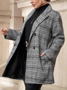 Chikora 大码灰色格子大衣，休闲商务通勤格纹夹克，秋冬季，灰色格子大衣，灰色大衣，秋冬保暖外套，女士长款外套，休闲工作日常穿着，灰色外套，保暖外套，女士冬季服装，女士秋季服装，圣诞节服装，新年服装 - 黑與白 - 查看 11