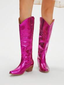 Styleloop Giày bốt cao bồi miền Tây màu đỏ tía, giày bốt cao đến giữa bắp chân thời trang dành cho nữ, thích hợp cho Giáng sinh, tiệc năm mới, đêm hẹn hò, Halloween - Màu Đỏ Sâu - Xem 5