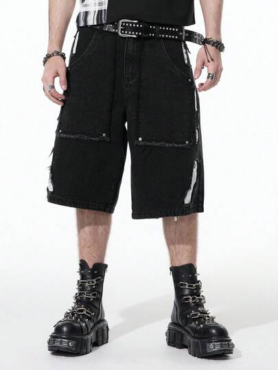 ROMWE MEN Goth Casual Summer Button Pocket Wide Leg Men Denim Shorts