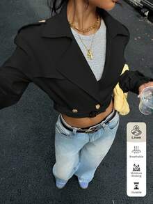 SHEIN EZwear 休闲街头风格杏色女式短款风衣 - 黑色 - 查看 5