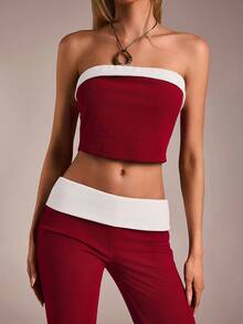 SHEIN Forever 21 Preppy Knit Stretch Slimming Strapless Pantsuit - Burgundy - View 5