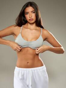 MISSGUIDED Ruched Scoop Neck Sports Bralette Removable Padded Wireless Yoga Ballet Training Low Impact Support Active Crop Top Crossback Adjustable Straps