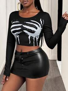 BamGleam Black And White Personalized Elegant Striped Finger Print Long Sleeved T-Shirt Fall Cloth For Women