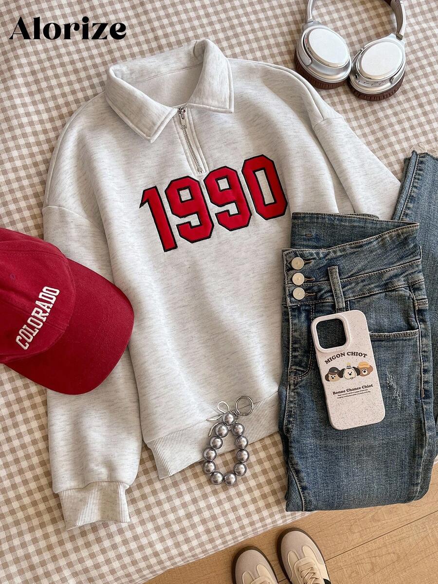 青少年女孩秋季休閒學院風街頭時尚刺繡白色字母「1990」復古文字街頭風 Polo 運動衫 校園淺灰色 - 灰色 - 查看 1