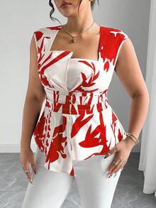 Elenzga Plus Size Women's Woven Digital Placement Print Square Neck Sleeveless Cinched Waist Asymmetric Hem Casual Vacation Romantic Elegant Blouse - Red - View 6