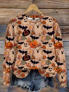 SHEIN LUNE 休闲简约印花图案圆领宽松女式卫衣，适合万圣节、鬼魂印花、南瓜印花、蝙蝠印花秋冬 - 彩色 - 查看 5