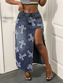 Slaydiva Women's Cross Applique Pocket Side Slit Hem Casual Denim Skirt Cross Patch Pocket New Fall Fashion Women