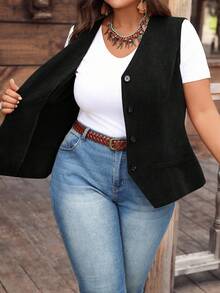 EMERY ROSE Áo khoác nhung kẻ trơn đơn giản, mặc thường ngày cỡ lớn dành cho nữ, mùa thu - màu đen - Xem 7