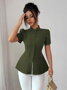SHEIN Elenzya 女士休闲时尚西西里优雅短袖衬衫，立领，前襟纽扣，泡泡袖，A 字廓形，装饰口袋，适合通勤、度假、下午茶、派对、春夏季 - 軍綠色 - 查看 3