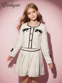 青少年女孩 T 恤套装，休闲优雅百搭，粗花呢夹克套装，搭配蝴蝶结夹克和迷你裙白色套装