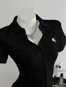 Elamini Embroidered Waist Fitted Short Sleeve Women Shirt - Black - View 3