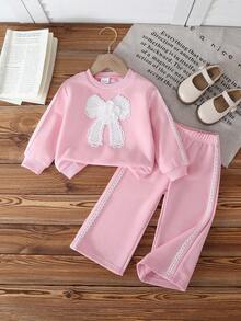 2 件女婴甜美可爱蝴蝶结拼接圆领荷叶边长袖上衣和阔腿裤卫衣套装，舒适休闲，春秋 - 淺粉色 - 查看 1