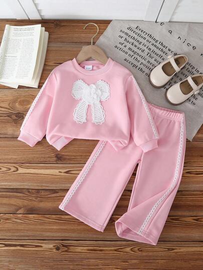 2 件女婴甜美可爱蝴蝶结拼接圆领荷叶边长袖上衣和阔腿裤卫衣套装，舒适休闲，春秋