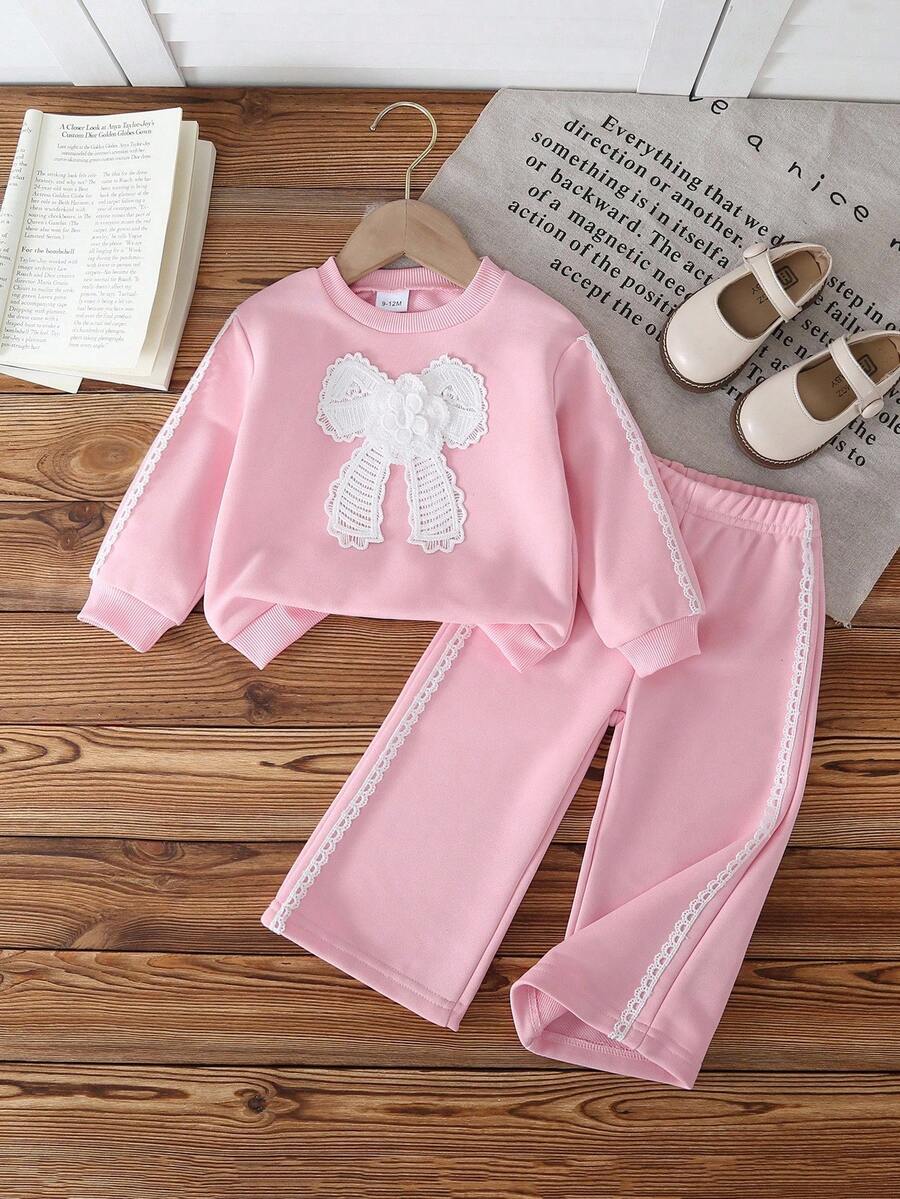 2 件女婴甜美可爱蝴蝶结拼接圆领荷叶边长袖上衣和阔腿裤卫衣套装，舒适休闲，春秋 - 淺粉色 - 查看 1