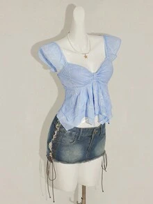 SHEIN ICON 女士褶皱前片修身性感镂空提花浪漫法式荷叶袖露背休闲度假短款吊带背心 - 藍色 - 查看 7