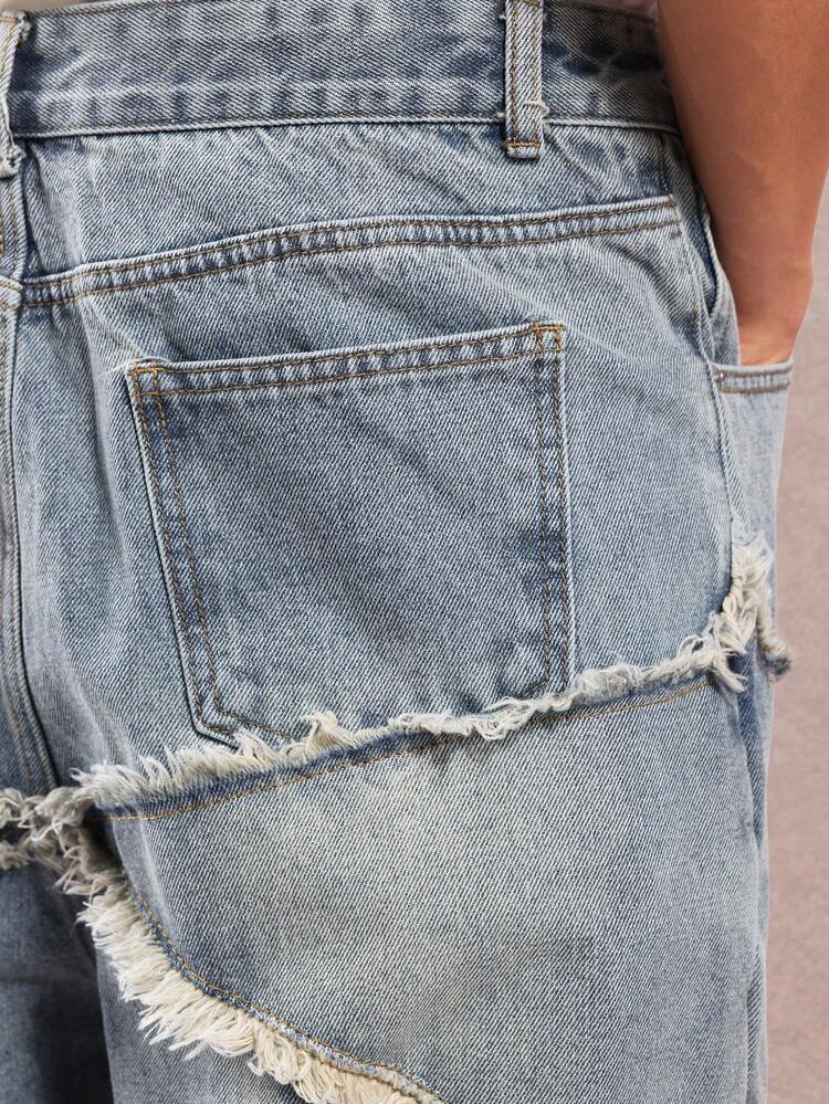 Wide Leg Denim Jeans With Star Pattern Frayed Details