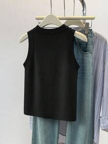 Women's Casual Solid Color Sleeveless Knit Top - Black - View 2